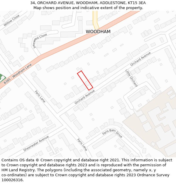 34, ORCHARD AVENUE, WOODHAM, ADDLESTONE, KT15 3EA: Location map and indicative extent of plot