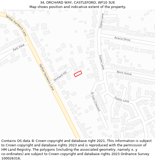 34, ORCHARD WAY, CASTLEFORD, WF10 3UE: Location map and indicative extent of plot