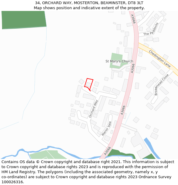 34, ORCHARD WAY, MOSTERTON, BEAMINSTER, DT8 3LT: Location map and indicative extent of plot