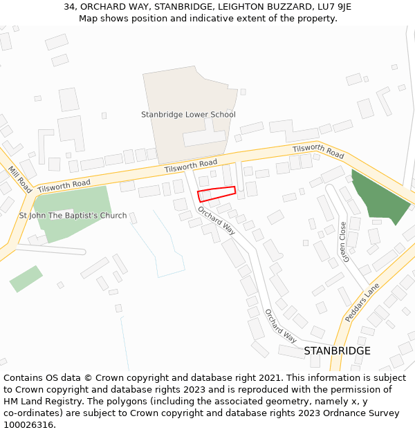 34, ORCHARD WAY, STANBRIDGE, LEIGHTON BUZZARD, LU7 9JE: Location map and indicative extent of plot