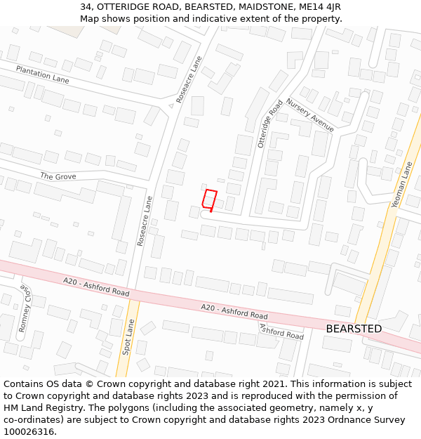 34, OTTERIDGE ROAD, BEARSTED, MAIDSTONE, ME14 4JR: Location map and indicative extent of plot