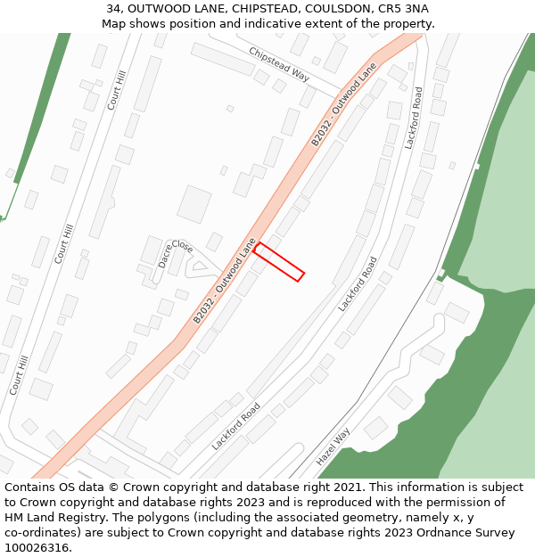 34, OUTWOOD LANE, CHIPSTEAD, COULSDON, CR5 3NA: Location map and indicative extent of plot