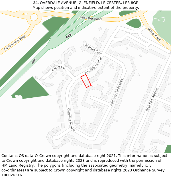 34, OVERDALE AVENUE, GLENFIELD, LEICESTER, LE3 8GP: Location map and indicative extent of plot