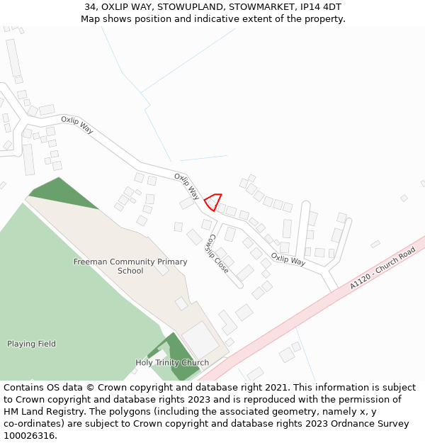 34, OXLIP WAY, STOWUPLAND, STOWMARKET, IP14 4DT: Location map and indicative extent of plot