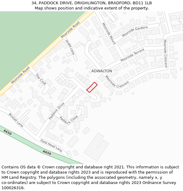 34, PADDOCK DRIVE, DRIGHLINGTON, BRADFORD, BD11 1LB: Location map and indicative extent of plot