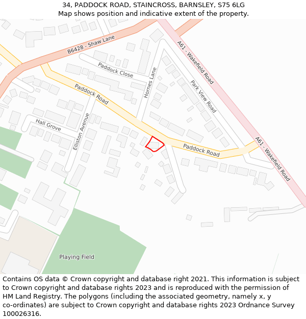 34, PADDOCK ROAD, STAINCROSS, BARNSLEY, S75 6LG: Location map and indicative extent of plot