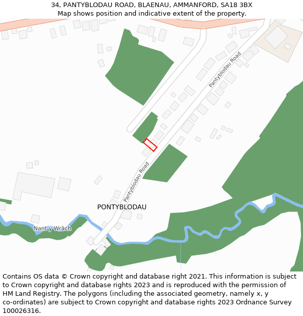 34, PANTYBLODAU ROAD, BLAENAU, AMMANFORD, SA18 3BX: Location map and indicative extent of plot