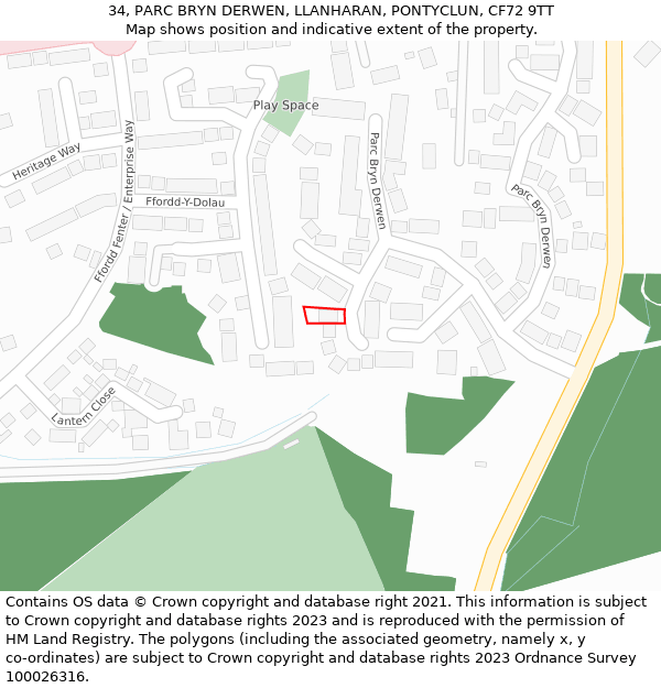 34, PARC BRYN DERWEN, LLANHARAN, PONTYCLUN, CF72 9TT: Location map and indicative extent of plot