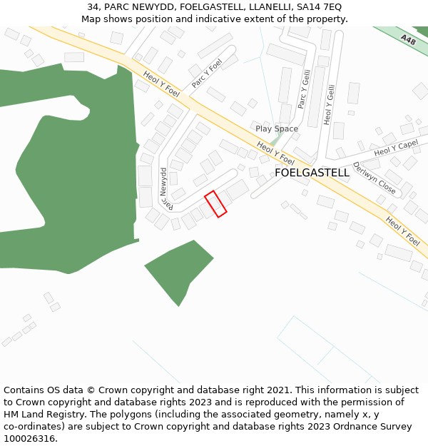 34, PARC NEWYDD, FOELGASTELL, LLANELLI, SA14 7EQ: Location map and indicative extent of plot