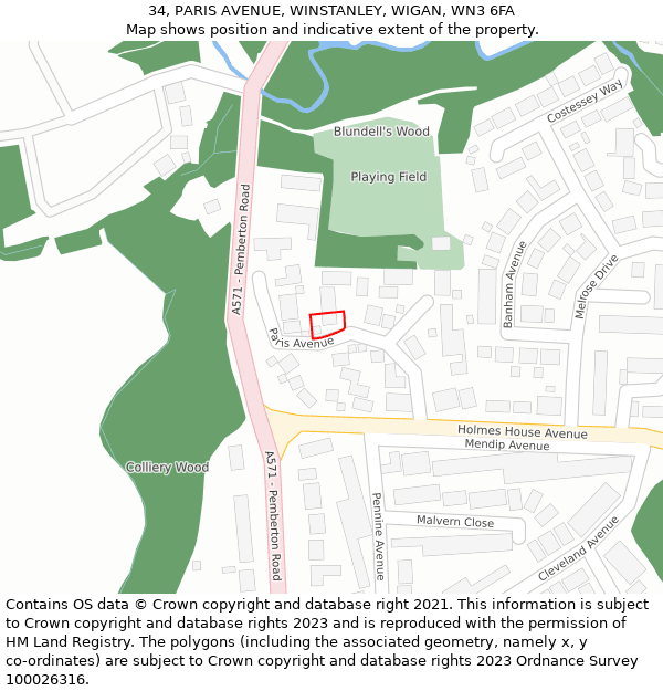 34, PARIS AVENUE, WINSTANLEY, WIGAN, WN3 6FA: Location map and indicative extent of plot
