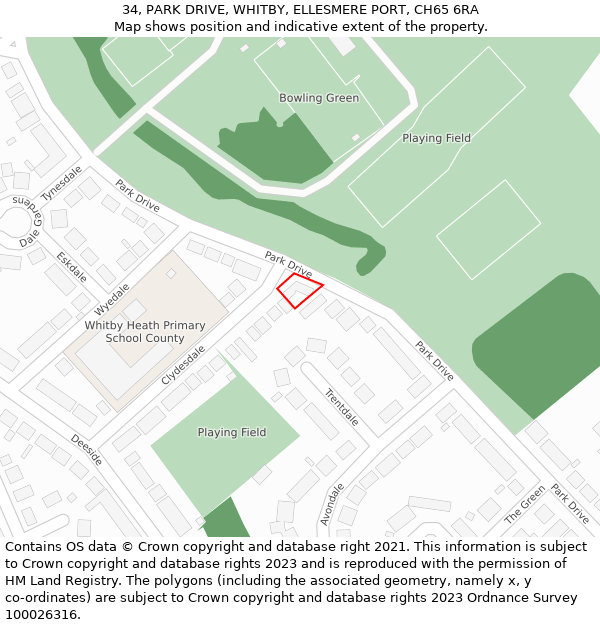 34, PARK DRIVE, WHITBY, ELLESMERE PORT, CH65 6RA: Location map and indicative extent of plot