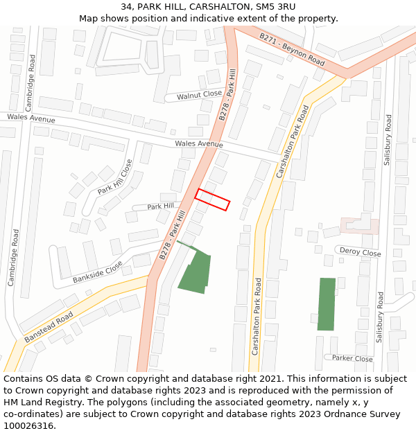 34, PARK HILL, CARSHALTON, SM5 3RU: Location map and indicative extent of plot