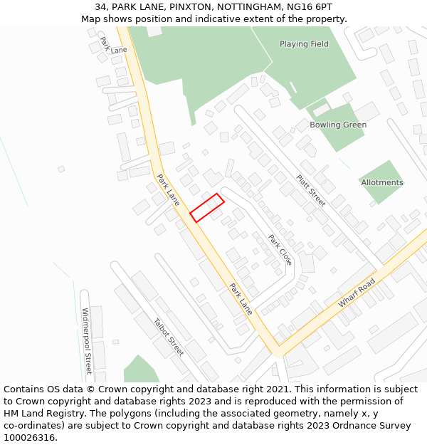 34, PARK LANE, PINXTON, NOTTINGHAM, NG16 6PT: Location map and indicative extent of plot