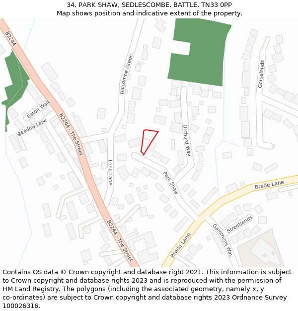 34, PARK SHAW, SEDLESCOMBE, BATTLE, TN33 0PP: Location map and indicative extent of plot