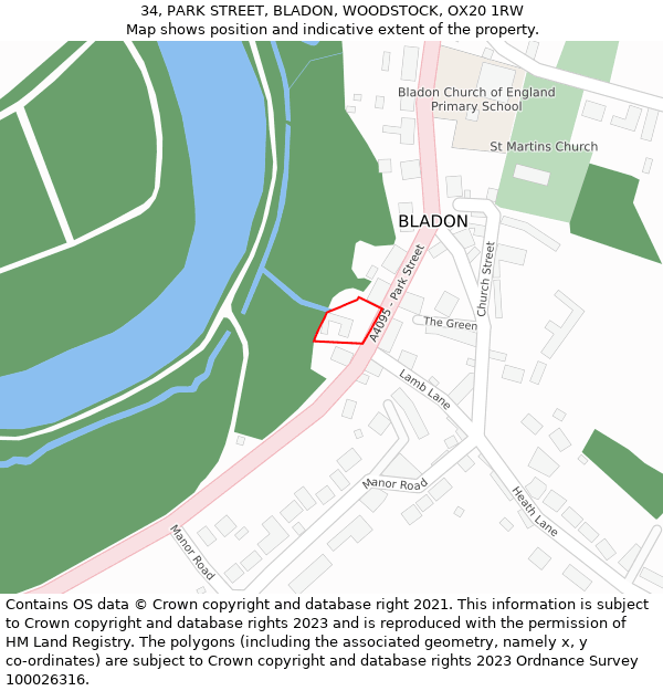 34, PARK STREET, BLADON, WOODSTOCK, OX20 1RW: Location map and indicative extent of plot