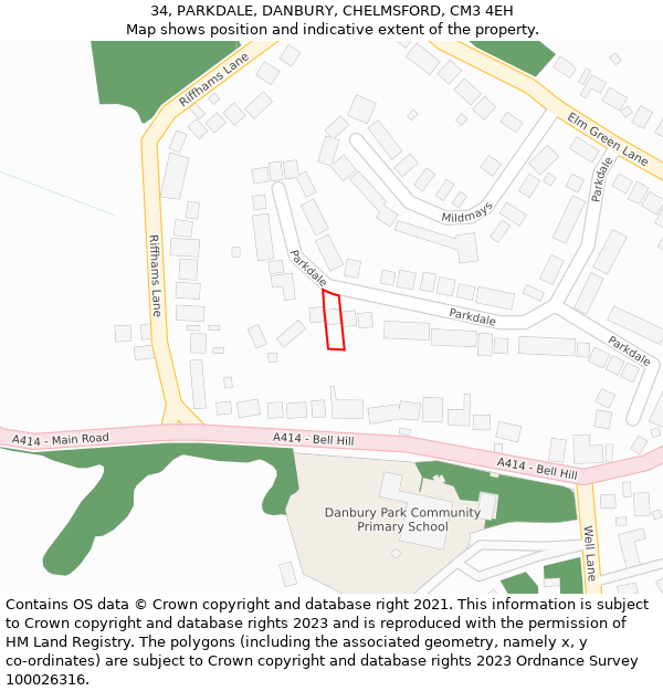 34, PARKDALE, DANBURY, CHELMSFORD, CM3 4EH: Location map and indicative extent of plot