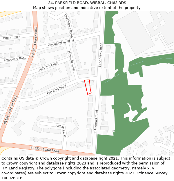 34, PARKFIELD ROAD, WIRRAL, CH63 3DS: Location map and indicative extent of plot