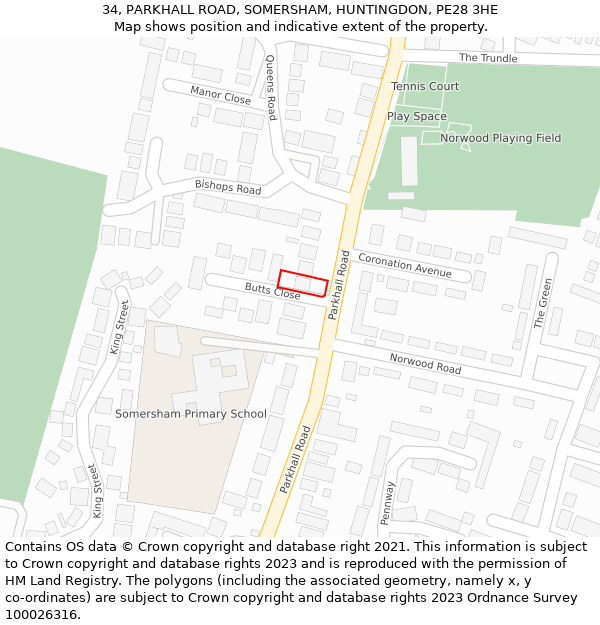 34, PARKHALL ROAD, SOMERSHAM, HUNTINGDON, PE28 3HE: Location map and indicative extent of plot