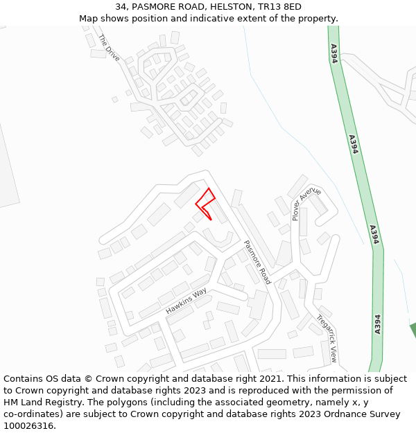 34, PASMORE ROAD, HELSTON, TR13 8ED: Location map and indicative extent of plot