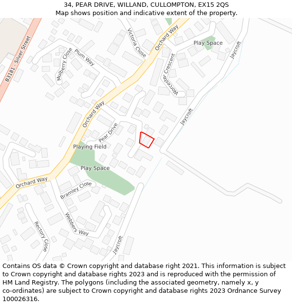 34, PEAR DRIVE, WILLAND, CULLOMPTON, EX15 2QS: Location map and indicative extent of plot