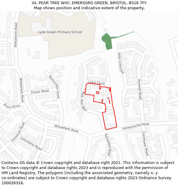 34, PEAR TREE WAY, EMERSONS GREEN, BRISTOL, BS16 7FY: Location map and indicative extent of plot