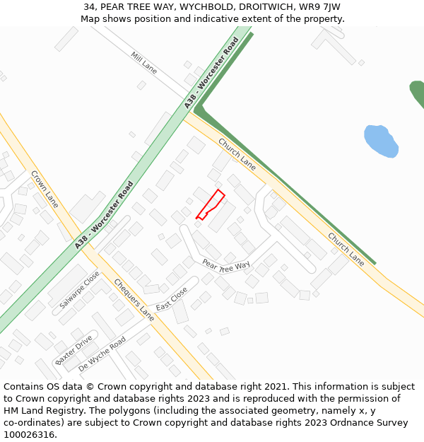 34, PEAR TREE WAY, WYCHBOLD, DROITWICH, WR9 7JW: Location map and indicative extent of plot