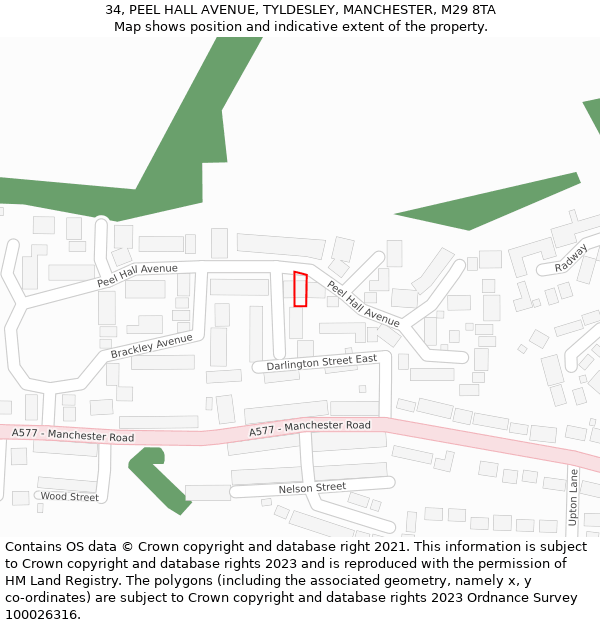 34, PEEL HALL AVENUE, TYLDESLEY, MANCHESTER, M29 8TA: Location map and indicative extent of plot