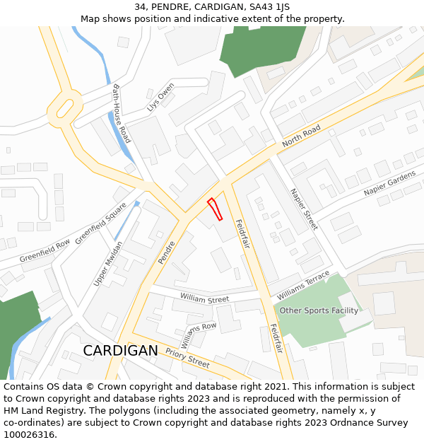 34, PENDRE, CARDIGAN, SA43 1JS: Location map and indicative extent of plot