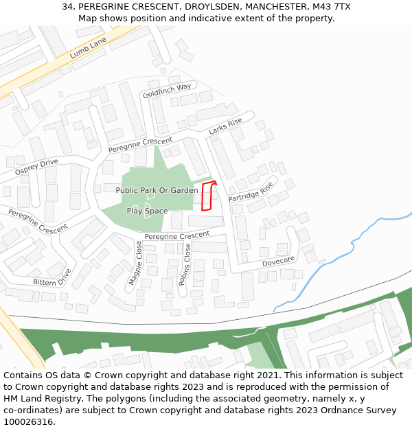 34, PEREGRINE CRESCENT, DROYLSDEN, MANCHESTER, M43 7TX: Location map and indicative extent of plot