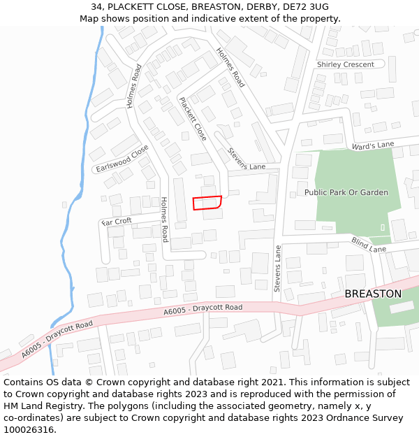 34, PLACKETT CLOSE, BREASTON, DERBY, DE72 3UG: Location map and indicative extent of plot