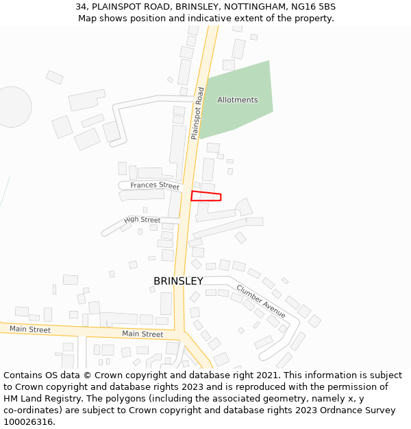 34, PLAINSPOT ROAD, BRINSLEY, NOTTINGHAM, NG16 5BS: Location map and indicative extent of plot