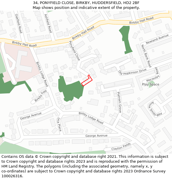 34, PONYFIELD CLOSE, BIRKBY, HUDDERSFIELD, HD2 2BF: Location map and indicative extent of plot
