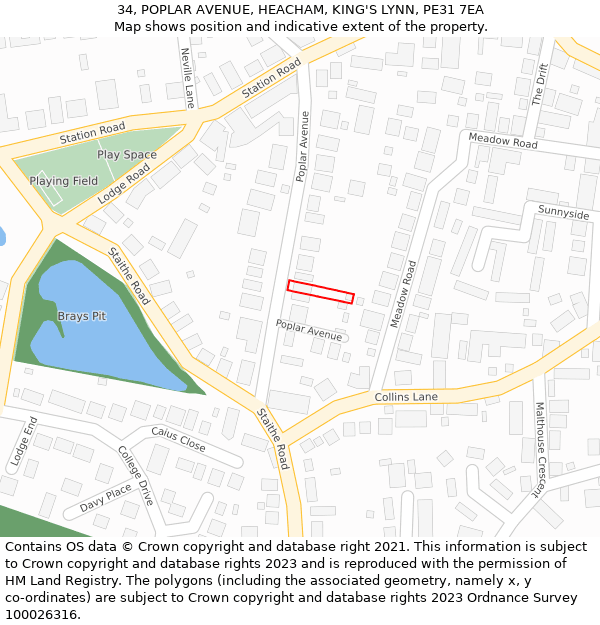 34, POPLAR AVENUE, HEACHAM, KING'S LYNN, PE31 7EA: Location map and indicative extent of plot