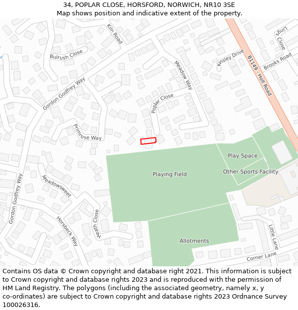 34, POPLAR CLOSE, HORSFORD, NORWICH, NR10 3SE: Location map and indicative extent of plot