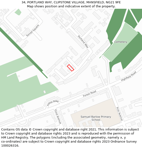 34, PORTLAND WAY, CLIPSTONE VILLAGE, MANSFIELD, NG21 9FE: Location map and indicative extent of plot