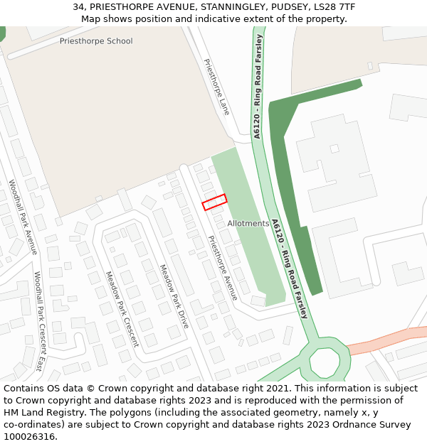 34, PRIESTHORPE AVENUE, STANNINGLEY, PUDSEY, LS28 7TF: Location map and indicative extent of plot