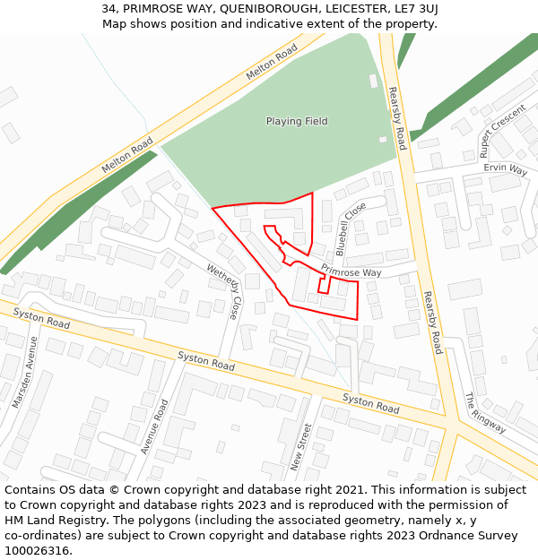 34, PRIMROSE WAY, QUENIBOROUGH, LEICESTER, LE7 3UJ: Location map and indicative extent of plot