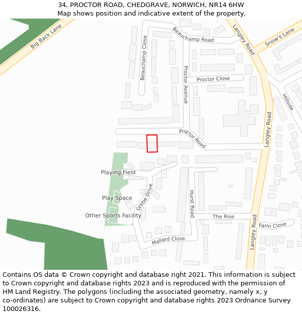 34, PROCTOR ROAD, CHEDGRAVE, NORWICH, NR14 6HW: Location map and indicative extent of plot