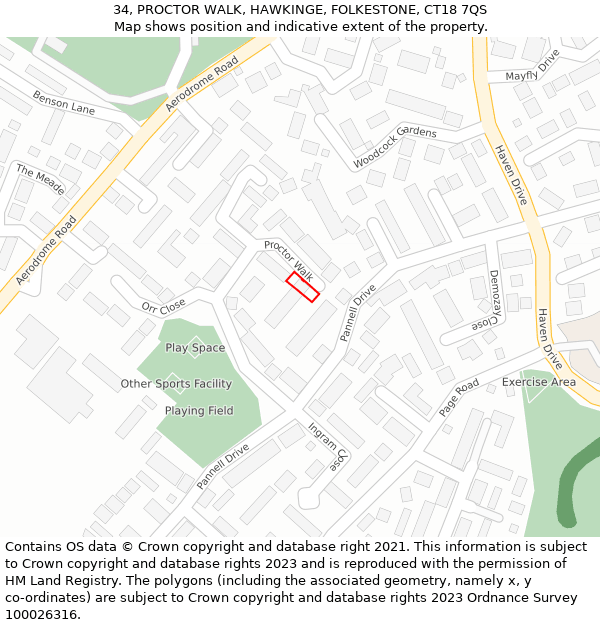 34, PROCTOR WALK, HAWKINGE, FOLKESTONE, CT18 7QS: Location map and indicative extent of plot