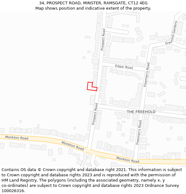34, PROSPECT ROAD, MINSTER, RAMSGATE, CT12 4EG: Location map and indicative extent of plot
