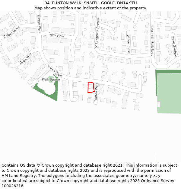 34, PUNTON WALK, SNAITH, GOOLE, DN14 9TH: Location map and indicative extent of plot