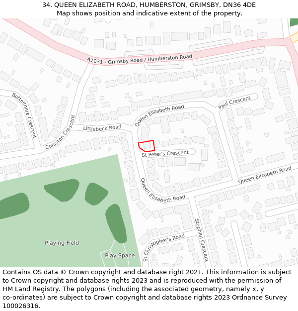 34, QUEEN ELIZABETH ROAD, HUMBERSTON, GRIMSBY, DN36 4DE: Location map and indicative extent of plot