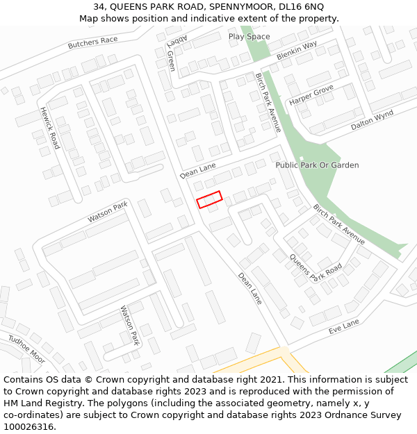 34, QUEENS PARK ROAD, SPENNYMOOR, DL16 6NQ: Location map and indicative extent of plot