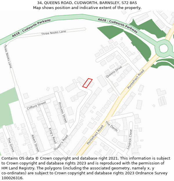 34, QUEENS ROAD, CUDWORTH, BARNSLEY, S72 8AS: Location map and indicative extent of plot
