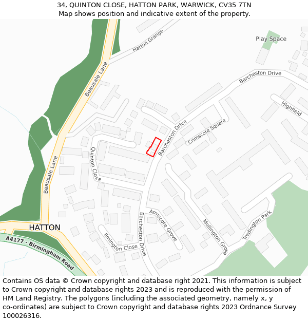 34, QUINTON CLOSE, HATTON PARK, WARWICK, CV35 7TN: Location map and indicative extent of plot