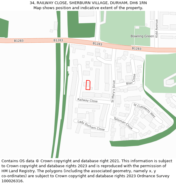 34, RAILWAY CLOSE, SHERBURN VILLAGE, DURHAM, DH6 1RN: Location map and indicative extent of plot