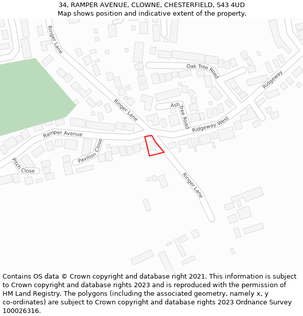 34, RAMPER AVENUE, CLOWNE, CHESTERFIELD, S43 4UD: Location map and indicative extent of plot