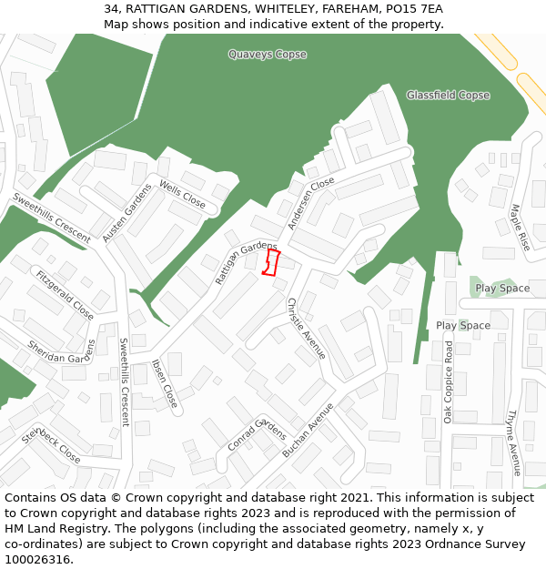 34, RATTIGAN GARDENS, WHITELEY, FAREHAM, PO15 7EA: Location map and indicative extent of plot