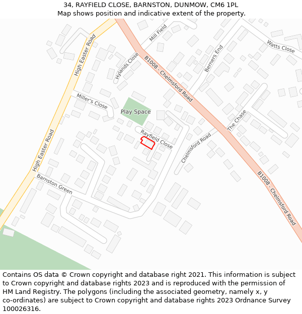 34, RAYFIELD CLOSE, BARNSTON, DUNMOW, CM6 1PL: Location map and indicative extent of plot