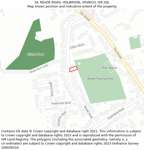 34, READE ROAD, HOLBROOK, IPSWICH, IP9 2QL: Location map and indicative extent of plot